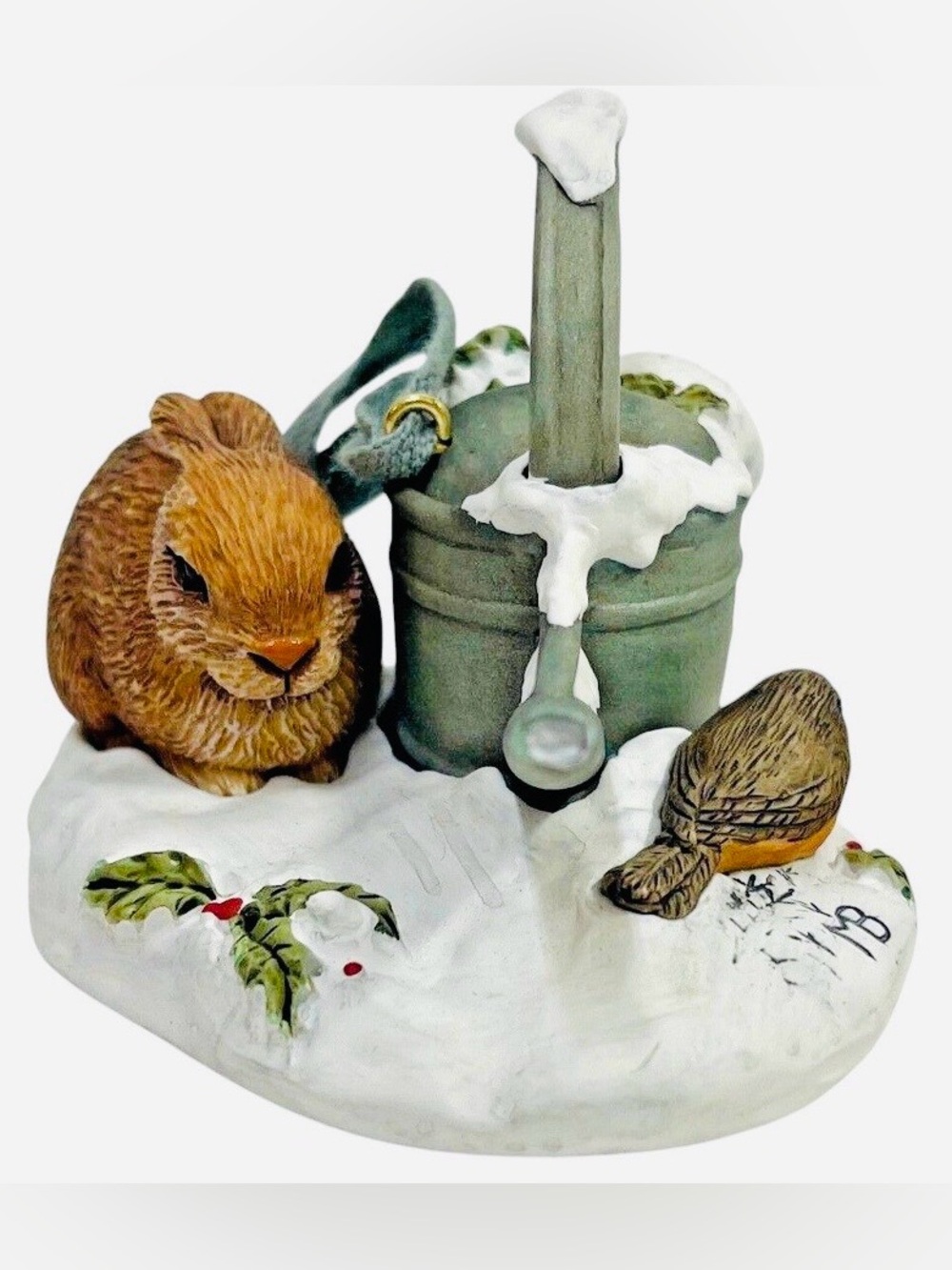 2000 Snowy Garden Hallmark Brown Bunny and Green Bucket Winter Nature
